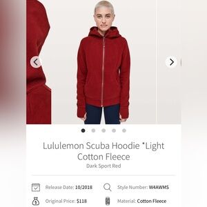 Lululemon Scuba Hoodie *Light Cotton Fleece Dark Sport Red size 8